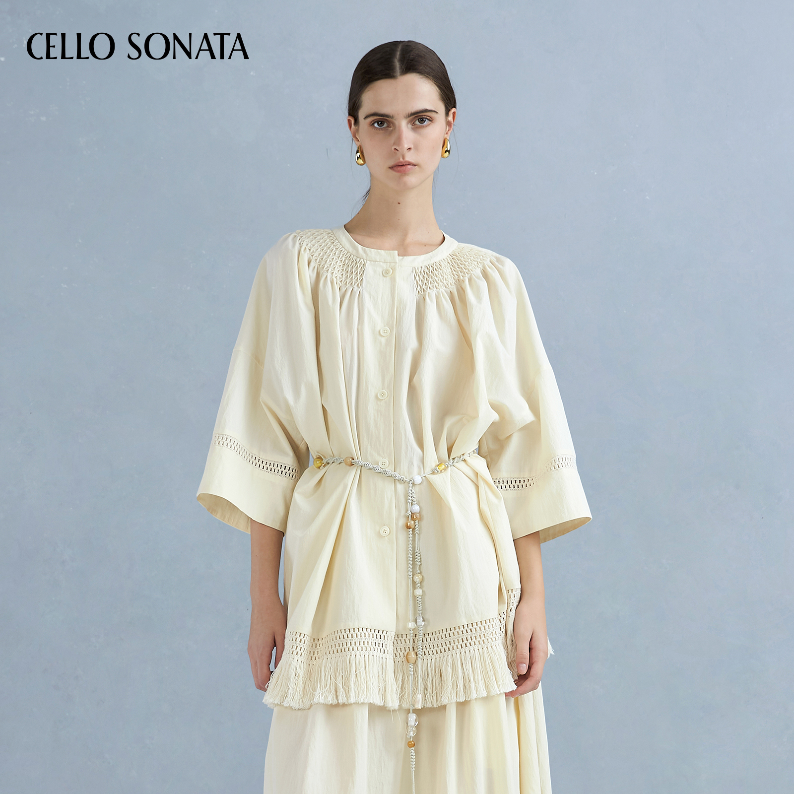 Cello Sonata25春夏新款 手工打缆花边宽松中长款衬衫编织上衣