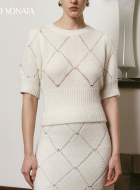 Cello Sonata秋冬新品白色订钻镂空短袖上衣