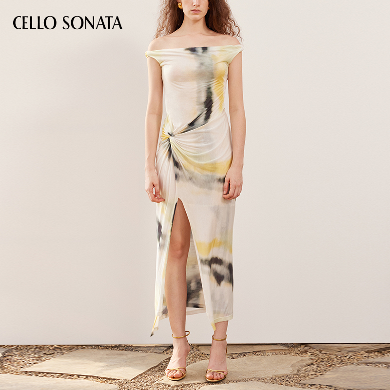 Cello Sonata 春夏新品 斜肩印花连衣裙