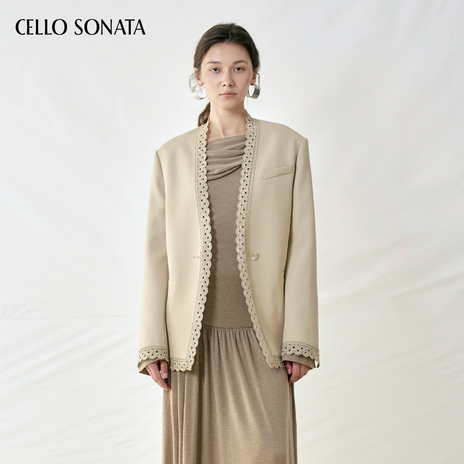 【新款】Cello Sonata 25秋 设计师法式宫廷羊毛夹克蕾丝单扣西装