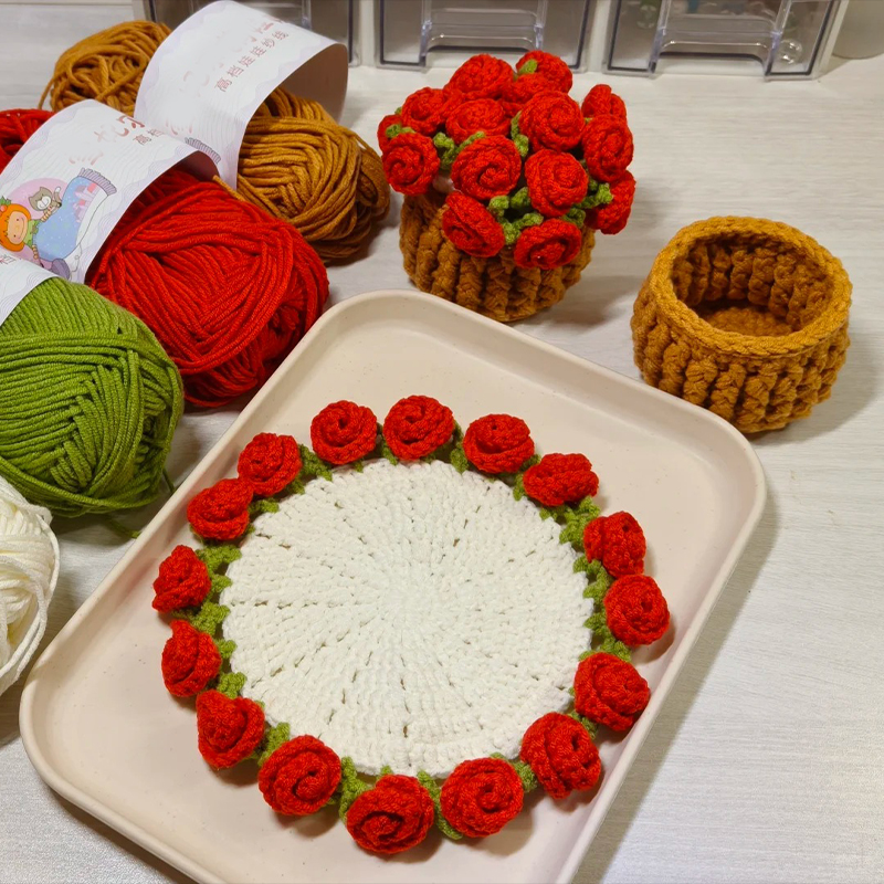 成品玫瑰花束杯垫毛线手工编织钩针材料包DIY针织勾花高级感轻奢