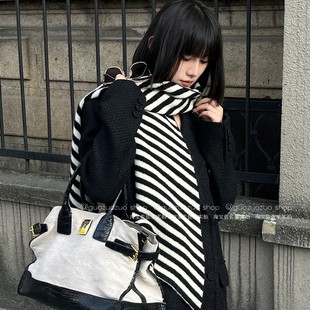 韩国款ins黑白条纹围巾女2025新款时髦洋气围脖护颈保暖秋冬季