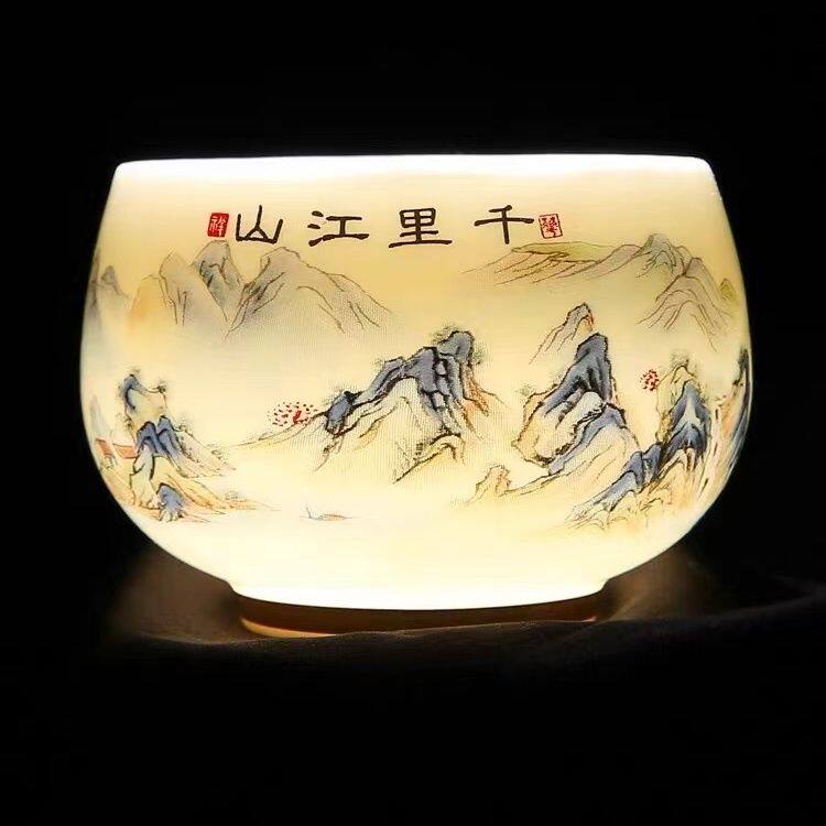 (亏本特价1个5.2包邮)轻奢小众千里江山万里江山图羊脂白瓷茶杯
