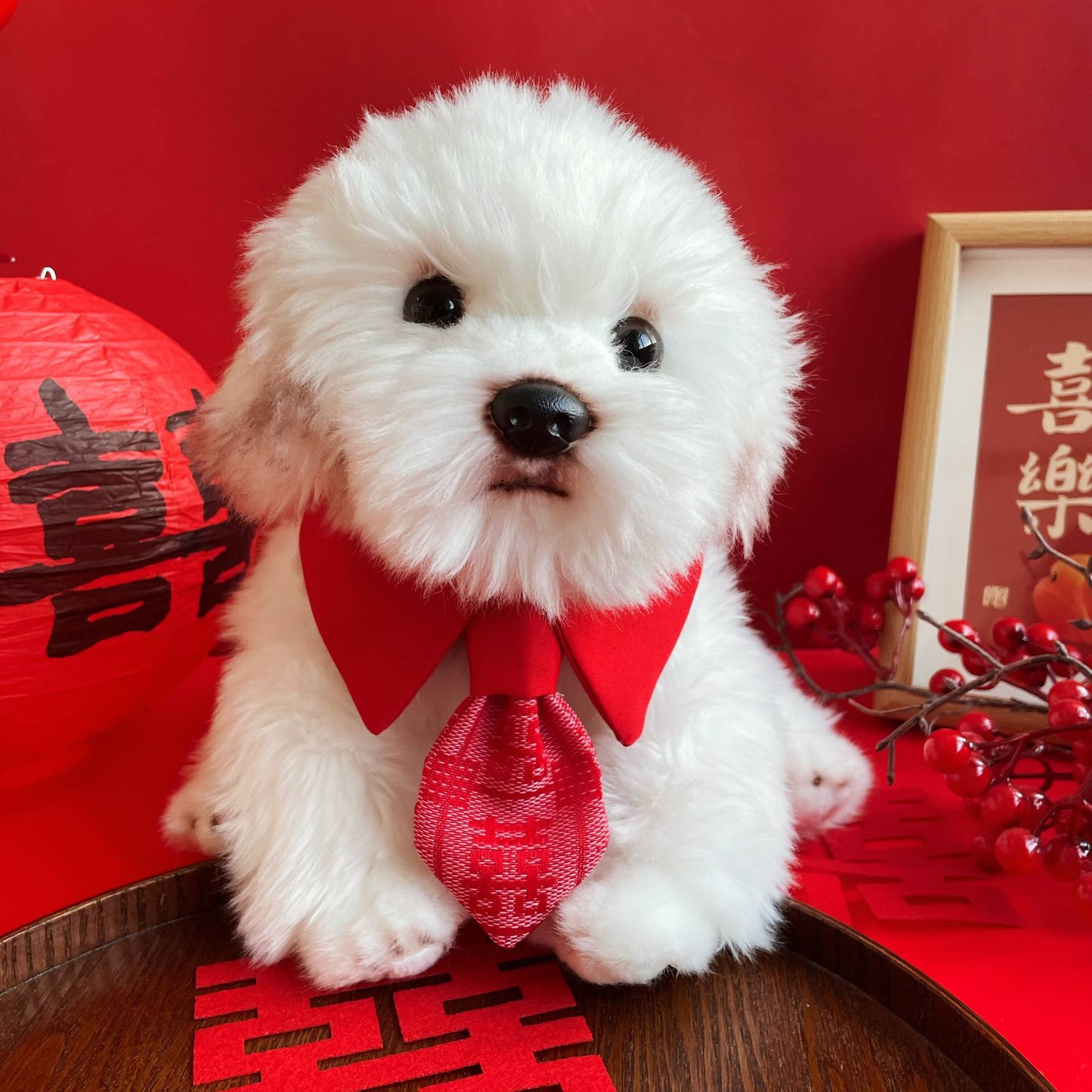 陪嫁小狗结婚衣服大红花球装饰