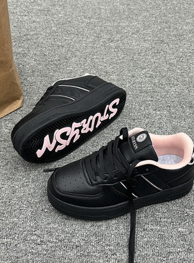 港风厚底百搭面包鞋女ins黑色板鞋2025冬季新款学生休闲运动鞋子