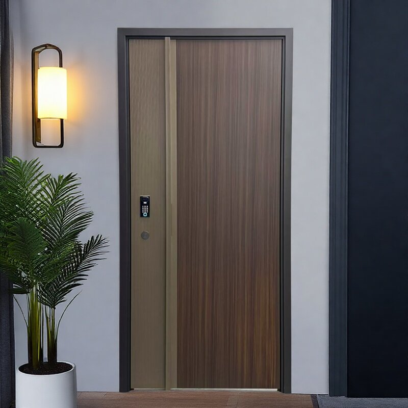 新款甲级防盗门高端智能简约入户门家用进户门原木纹隐藏式门楣