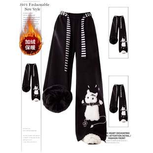 美式万圣节加绒可爱猫咪黑色休闲卫裤子女大码宽松百搭显瘦阔腿裤