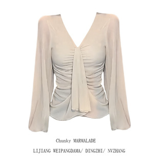 设计感小众别致绝美修身 大码 新款 T恤女秋季 上衣 胖MM纯欲风V领长袖