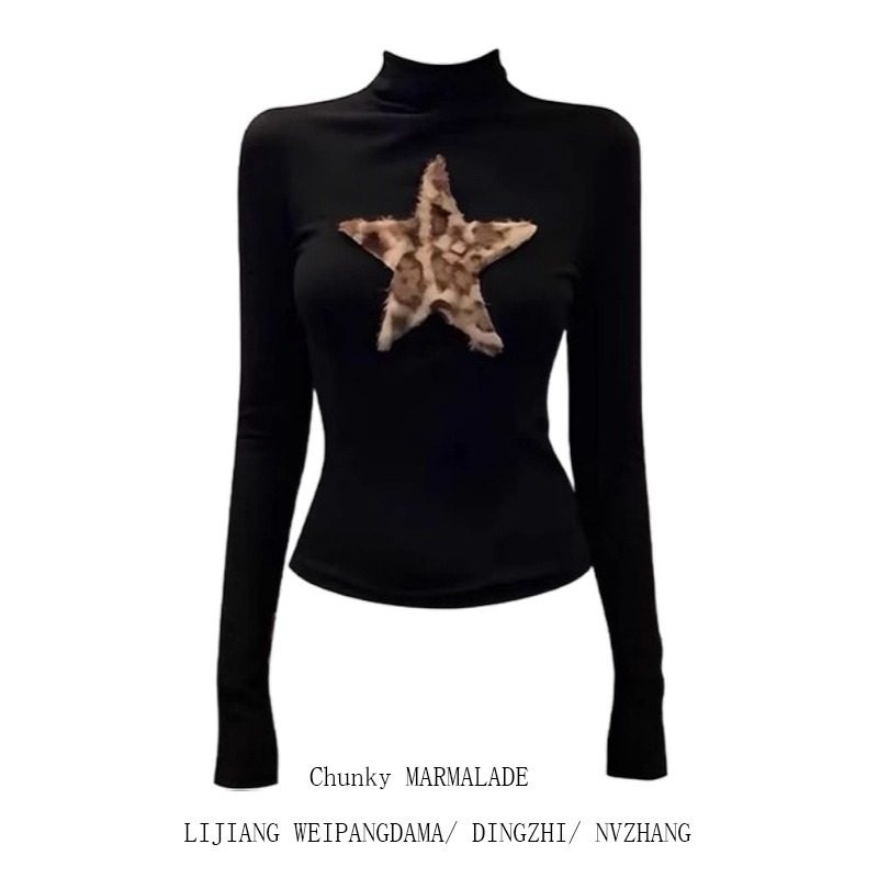 大码复古豹纹五角星长袖T恤女2026新款半高领修身显瘦辣妹风上衣,女装/女士精品,大码内搭,淘宝优惠券,粉丝福利购,淘宝优惠卷