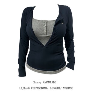 胖MM假两件长袖 内搭高级感打底衫 T恤女秋季 撞色修身 上衣 新款 大码