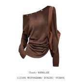 大码 小众别致显瘦上衣 T恤女2025年秋季 美式 辣妹斜领露肩宽松长袖