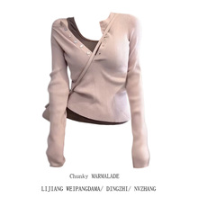 大码胖MM纯欲风修身显瘦假两件V领针织衫2025秋季百搭长袖上衣女