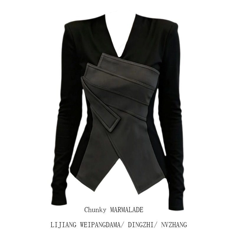 大码胖MM假两件撞色V领长袖上衣女2026新款显瘦高级感黑色打底衫,女装/女士精品,大码内搭,淘宝优惠券,粉丝福利购,淘宝优惠卷