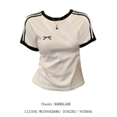 正肩白色短袖 大码 美式 t恤女夏胖妹妹设计感蝴蝶结条纹显瘦短上衣