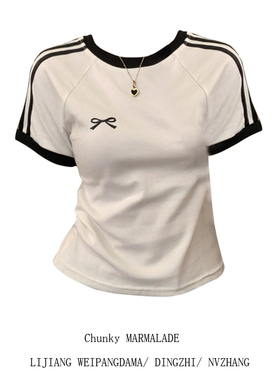 大码美式正肩白色短袖t恤女夏胖妹妹设计感蝴蝶结条纹显瘦短上衣