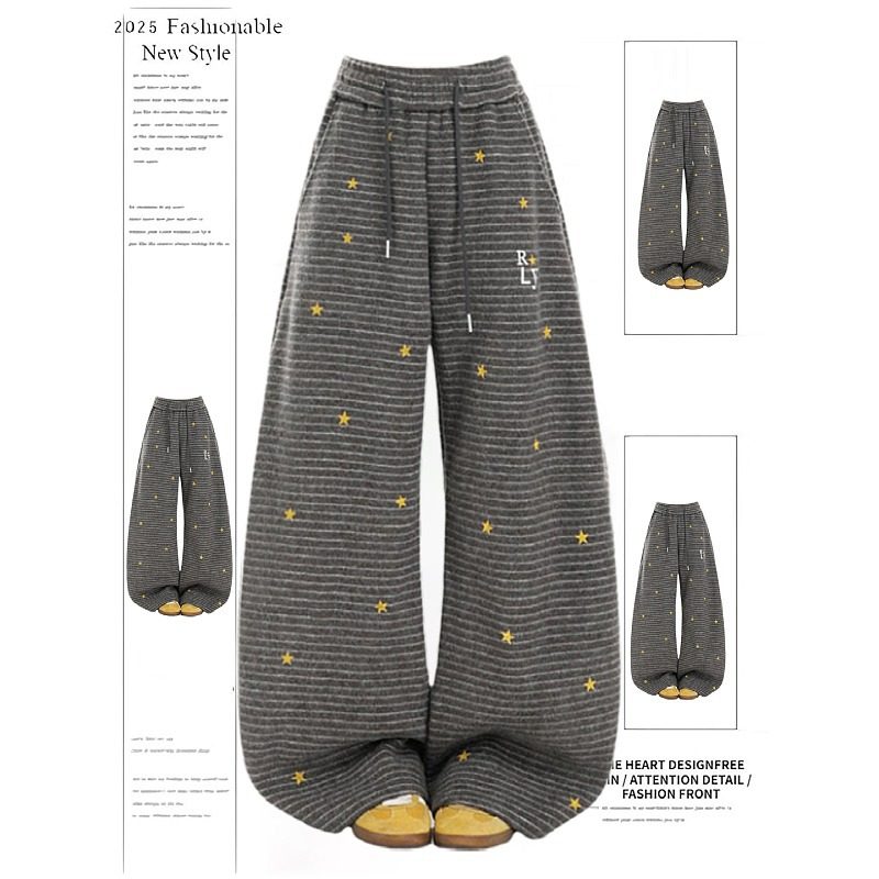 大码复古星星印花条纹休闲裤女2026新款百搭显瘦阔腿卫裤弯刀裤子,女装/女士精品,大码裤装,淘宝优惠券,粉丝福利购,淘宝优惠卷