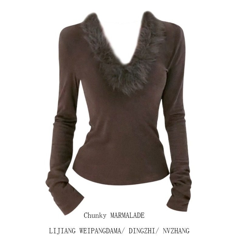 大码高级感毛毛V领长袖上衣女秋冬季小众辣妹修身显瘦内搭打底T恤,女装/女士精品,大码内搭,淘宝优惠券,粉丝福利购,淘宝优惠卷