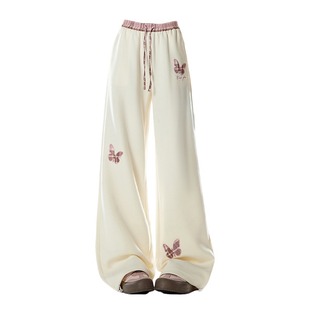 大码胖mm杏色蝴蝶贴布休闲长裤女秋冬季宽松百搭显瘦阔腿运动卫裤