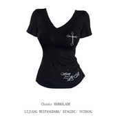 修身 大码 显瘦纯欲风上衣 T恤女夏季 新款 胖MM美式 辣妹十字架V领短袖