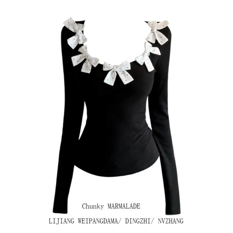 大码高级感蝴蝶结U型领长袖T恤女2026年新款修身百搭显瘦黑色上衣,女装/女士精品,大码内搭,淘宝优惠券,粉丝福利购,淘宝优惠卷