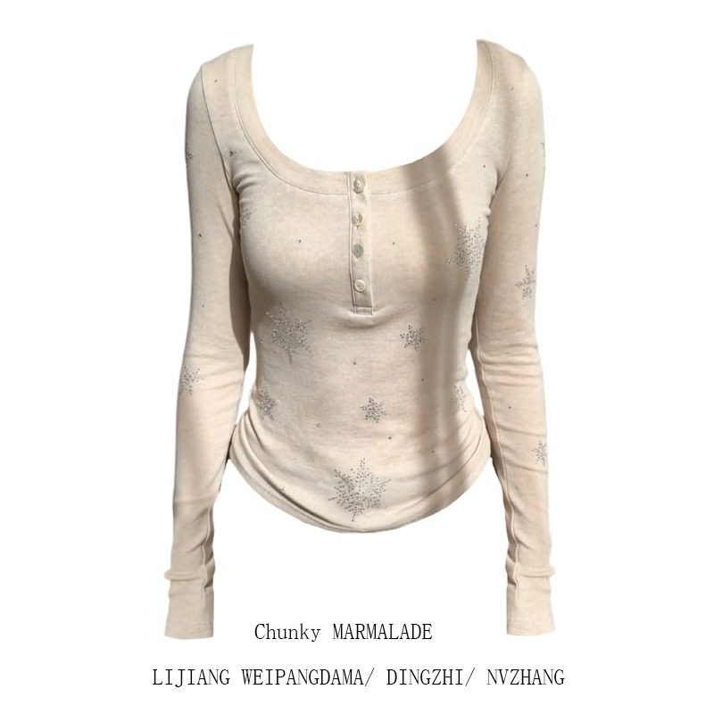 大码胖MM纯欲风U领纽扣长袖T恤女2026新款修身显瘦打底衫正肩上衣,女装/女士精品,大码内搭,淘宝优惠券,粉丝福利购,淘宝优惠卷