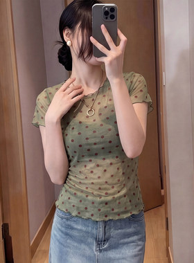 大码韩系绿色波点网纱短袖t恤女甜辣减龄洋气夏季小衫好看的上衣