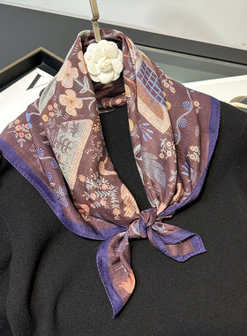 丝绵方巾30%桑蚕丝70%棉油画紫色丝巾轻薄围巾头巾封腰女屁帘新款