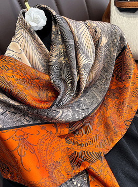 韩版时尚春秋轻薄拼接拼色桔色边框黑色凤凰仿真丝大方巾空调披肩