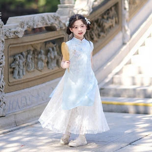 女童汉服春夏薄款短袖旗袍套装蓝色粉色新中式国风两件套超仙公主