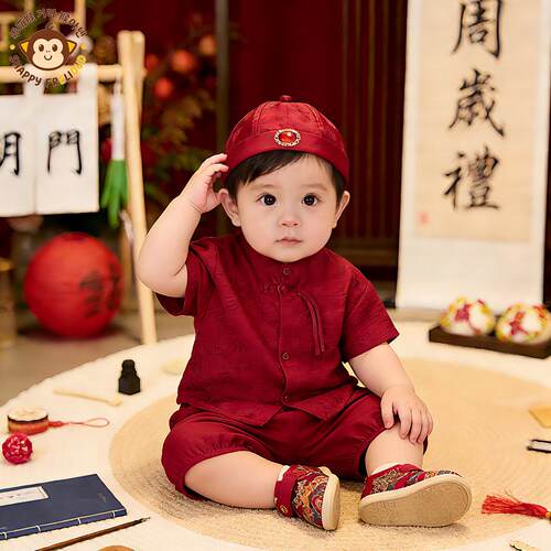 韩国G MENGHOU男宝周岁礼服夏季2026红色抓周生日套装新中式国风