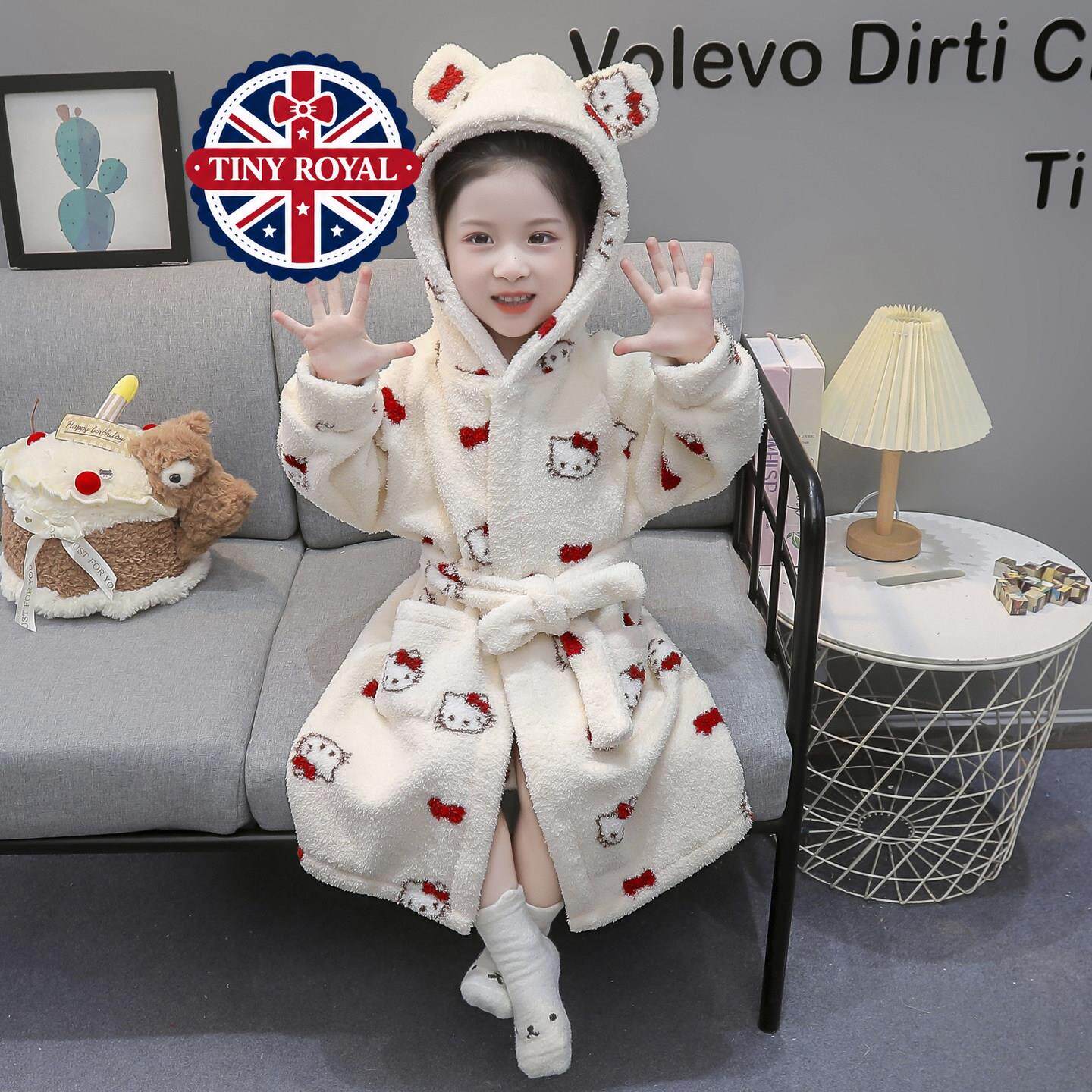 英国TINY ROYAL女童睡袍秋冬保暖儿童连帽浴袍女孩法兰绒家居袍冬
