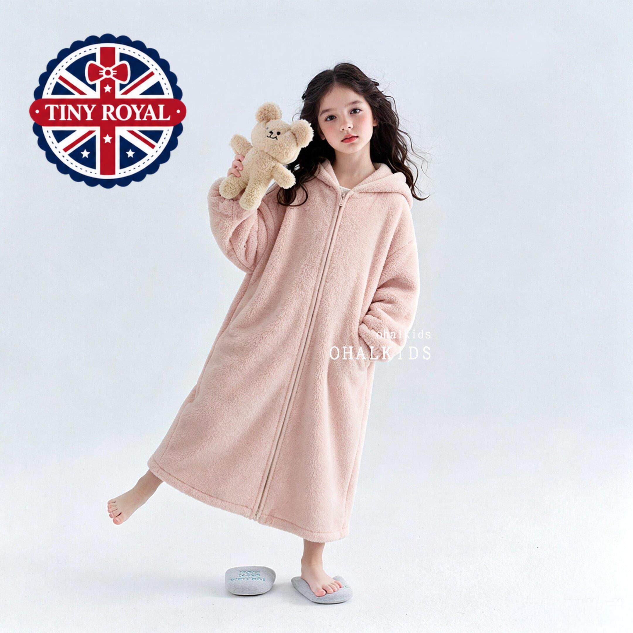 英国TINY ROYAL小女孩睡衣女童新款浴袍女大童加厚珊瑚绒睡袍秋冬