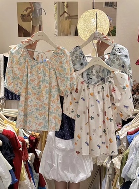 夏上新！【Miss Lin】清新碎花一字肩宽松短款泡泡袖衬衫  Z25250