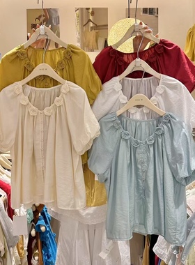 夏上新！【Miss Lin】甜美风圆领花朵立体装饰宽松小衫  Z25170#