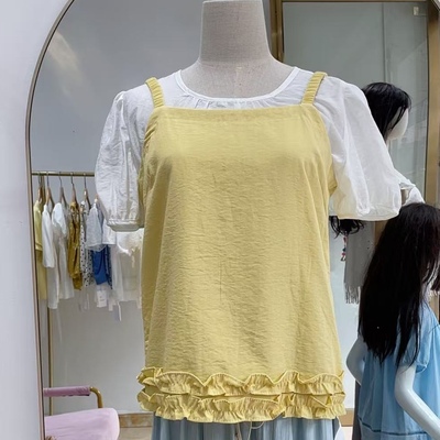 【MissLin】夏韩系肩带花边下摆小衫黄色背心+白色短袖衬衫两件