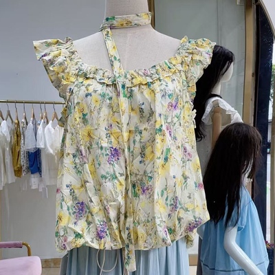 【MissLin】短袖衬衫女夏甜美显瘦法式小衫无袖碎花上衣 Z251963