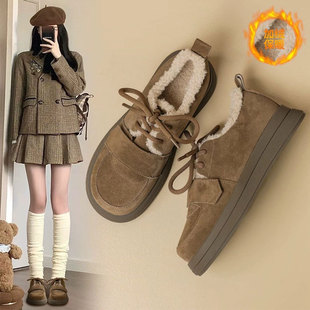 三月情书~厚底真皮勃肯鞋女2025秋冬毛毛单鞋加绒雪地靴棉鞋