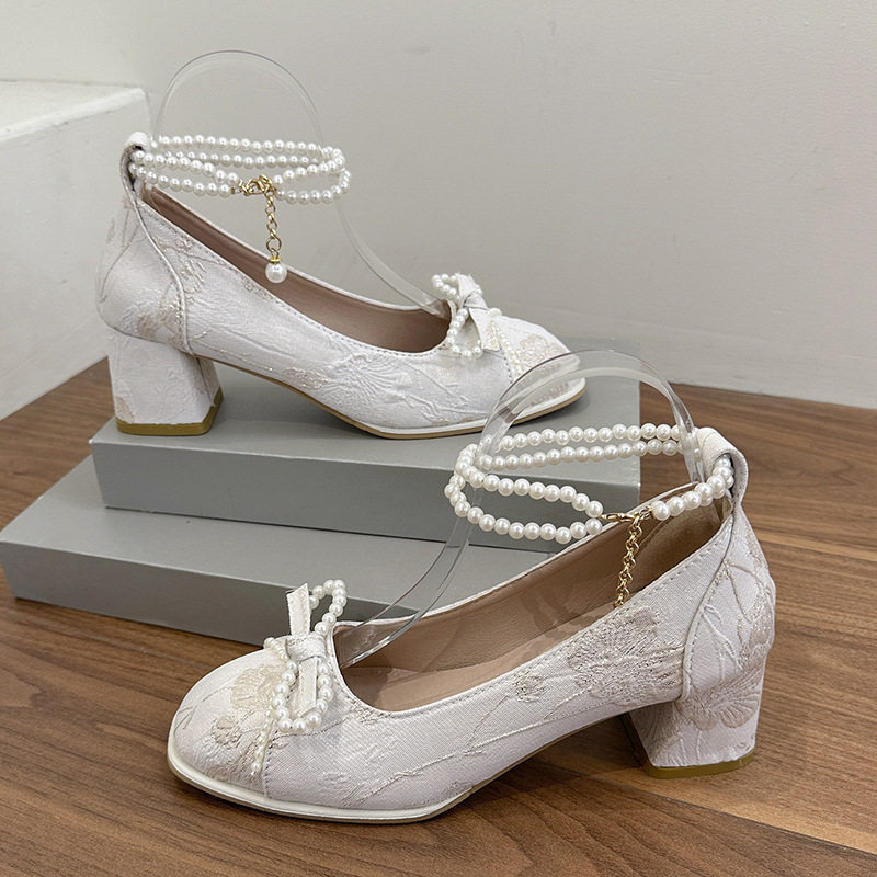 法式粗跟玛丽珍鞋女款夏季新中式复古蝴蝶结高跟鞋温柔刺绣旗袍鞋