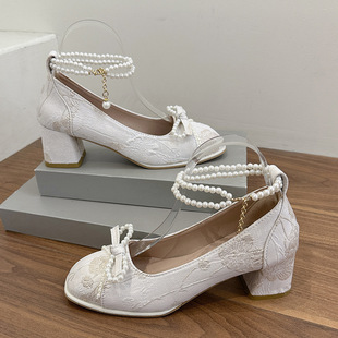 法式粗跟玛丽珍鞋女款夏季新中式复古蝴蝶结高跟鞋温柔刺绣旗袍鞋