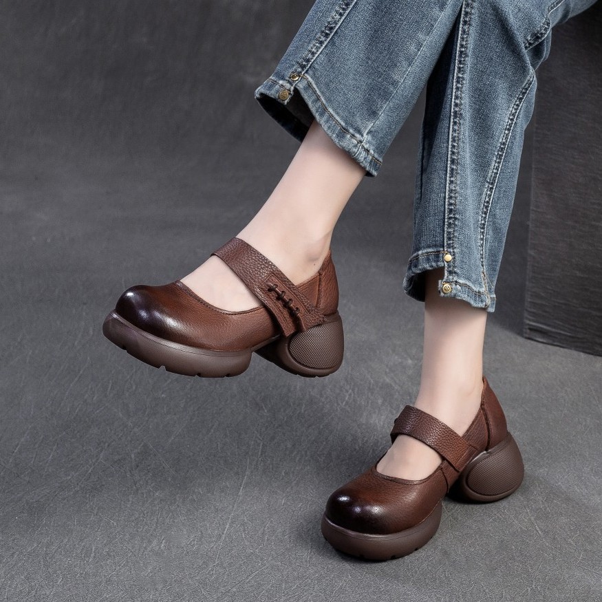 秋新款厚底真皮魔术贴复古玛丽珍浅口单鞋复古时尚百搭舒适妈妈鞋