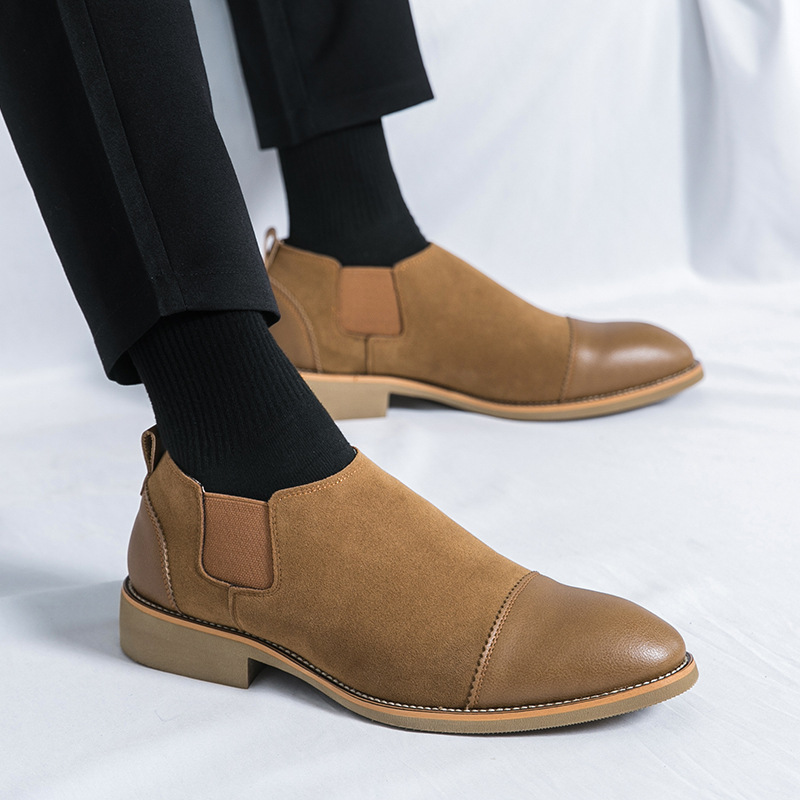 反绒皮男鞋夏季真皮套脚百搭潮鞋内增高复古潮流皮鞋男韩版英伦风