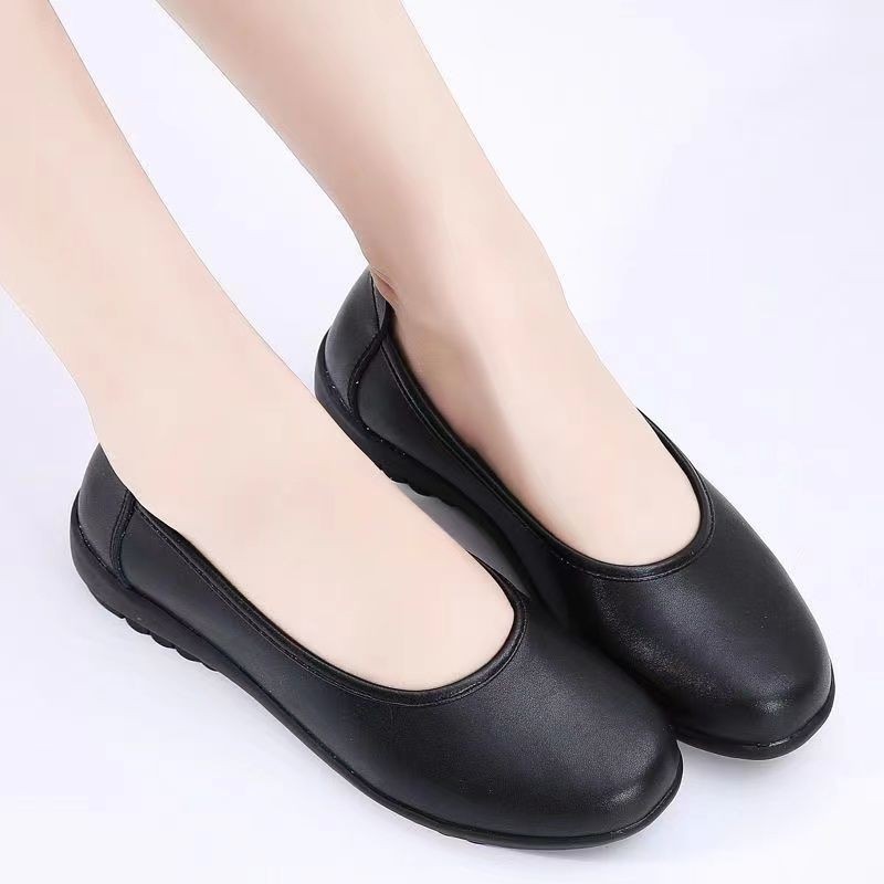 平底单鞋久站不累脚软皮软底舒适上班女鞋工装工作黑色职业真皮鞋