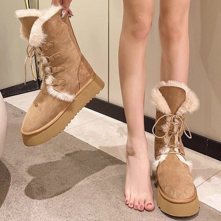 美拉德雪地靴女冬季两穿毛毛中筒靴皮毛一体厚底靴加绒加厚棉鞋子