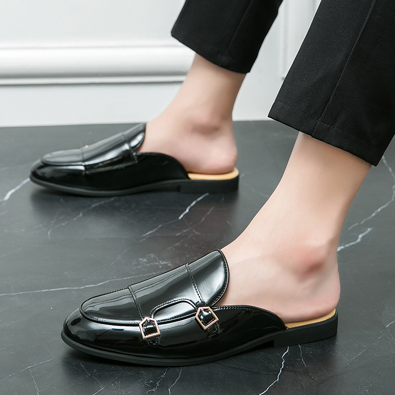 白色尖头皮拖鞋男士凉鞋透气无后跟懒人凉拖包头拖鞋室内试衣间鞋