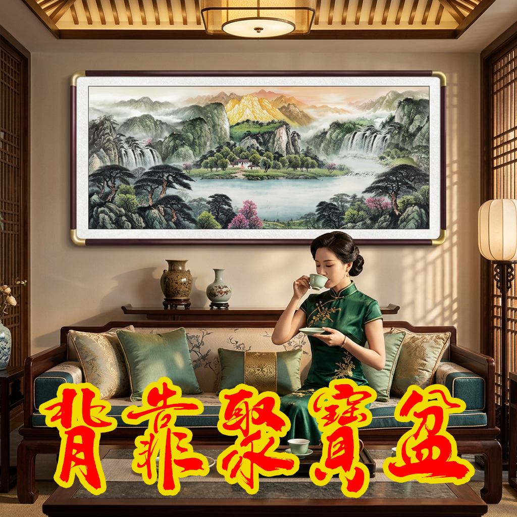 中式山水画客厅聚宝盆沙发背景墙装饰画圆角实木框挂画风水画