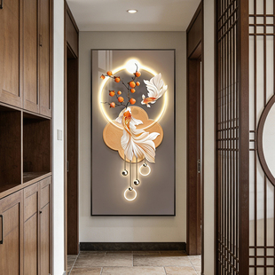 现代轻奢装饰画客厅玄关锦鲤福柿子挂画LED灯带立体感走廊装饰画