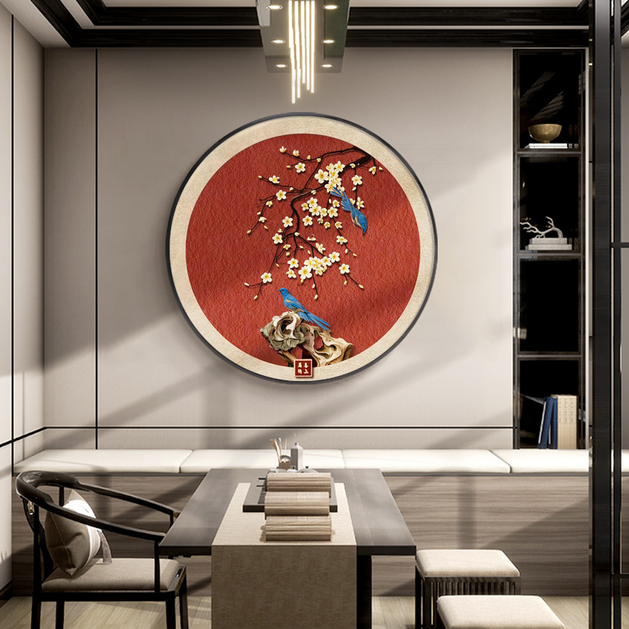 喜上眉梢花鸟玄关装饰画红色喜庆圆形背景墙挂画寓意好新中式挂画图片