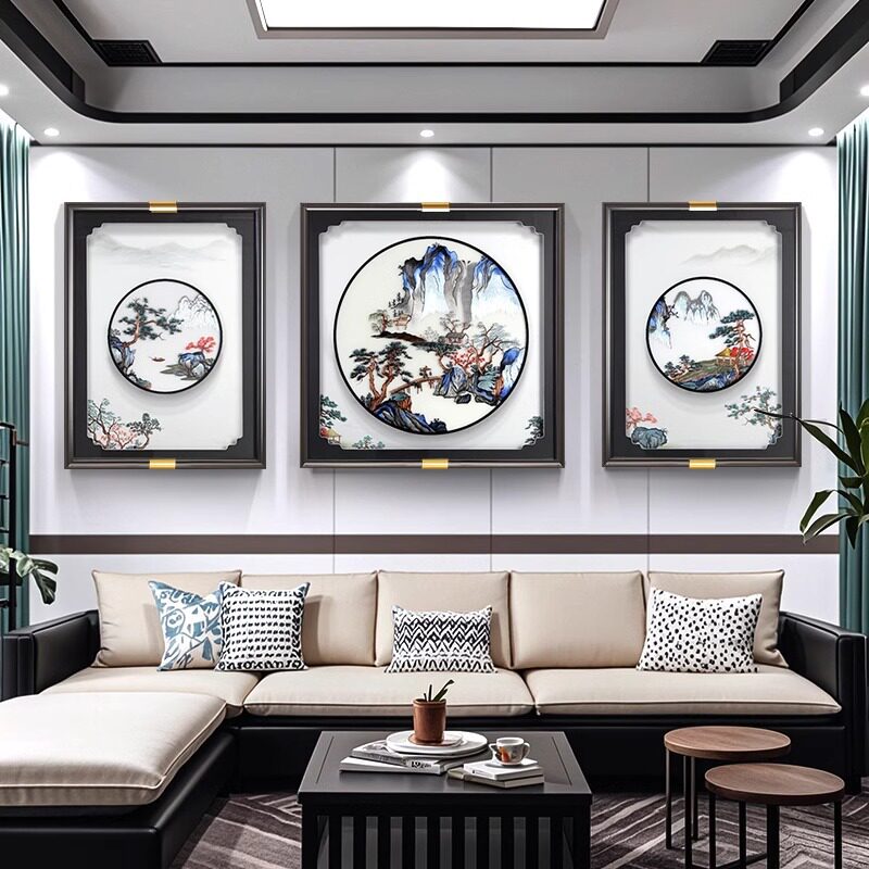 新中式山水风景织锦绣三联装饰画客厅沙发背景墙挂画有框刺绣画芯
