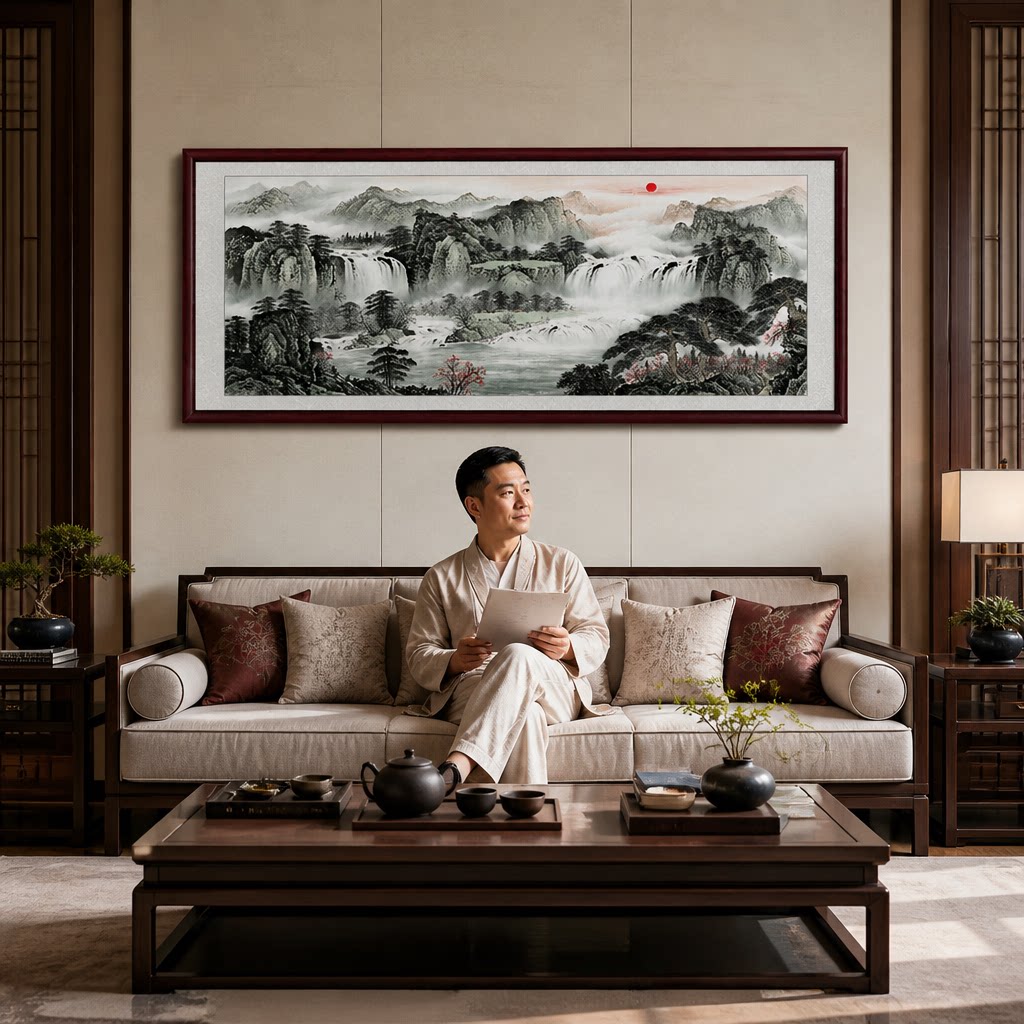 新中式山水画元宝聚宝盆靠山图客厅办公室装饰画西墙实木挂画