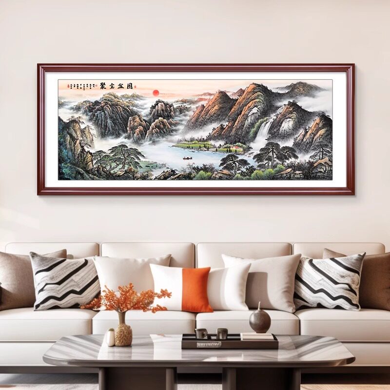 聚宝盆山水画客厅挂画靠山图新中式沙发背景墙装饰画西墙聚财壁画